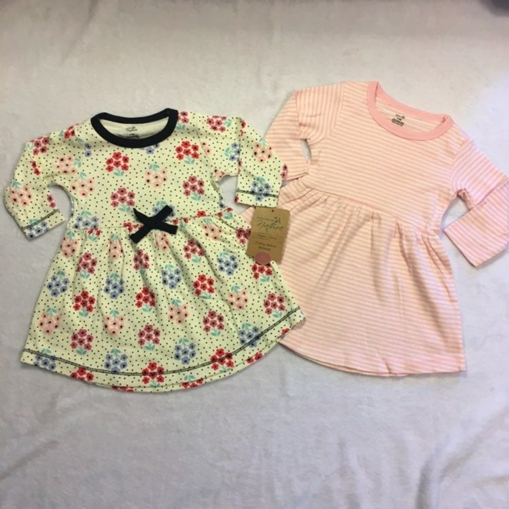 Touched by Nature Long Sleeve Dress Kids 3-6M Pink Floral NEW Organic Cotton 2Pk